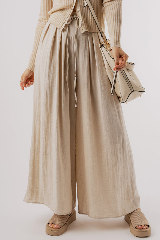 Viscose and Linen Beige Tied Wide Leg Pants