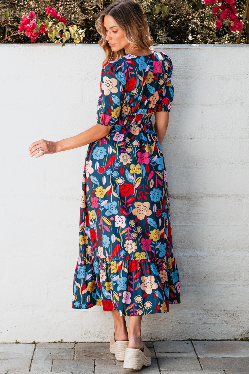 Cotton Floral Printed Notched Puff Sleeve Midi Dress