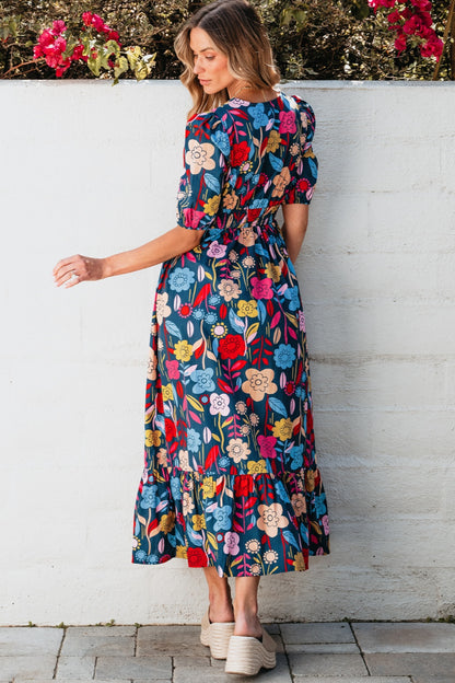 Cotton Floral Printed Notched Puff Sleeve Midi Dress