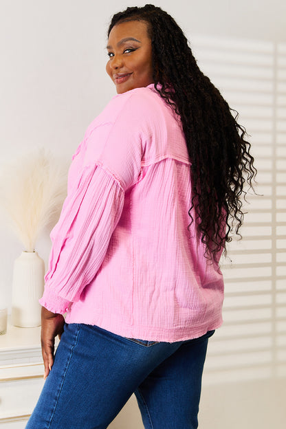Cotton Seam Buttoned Notched Neck Blouse