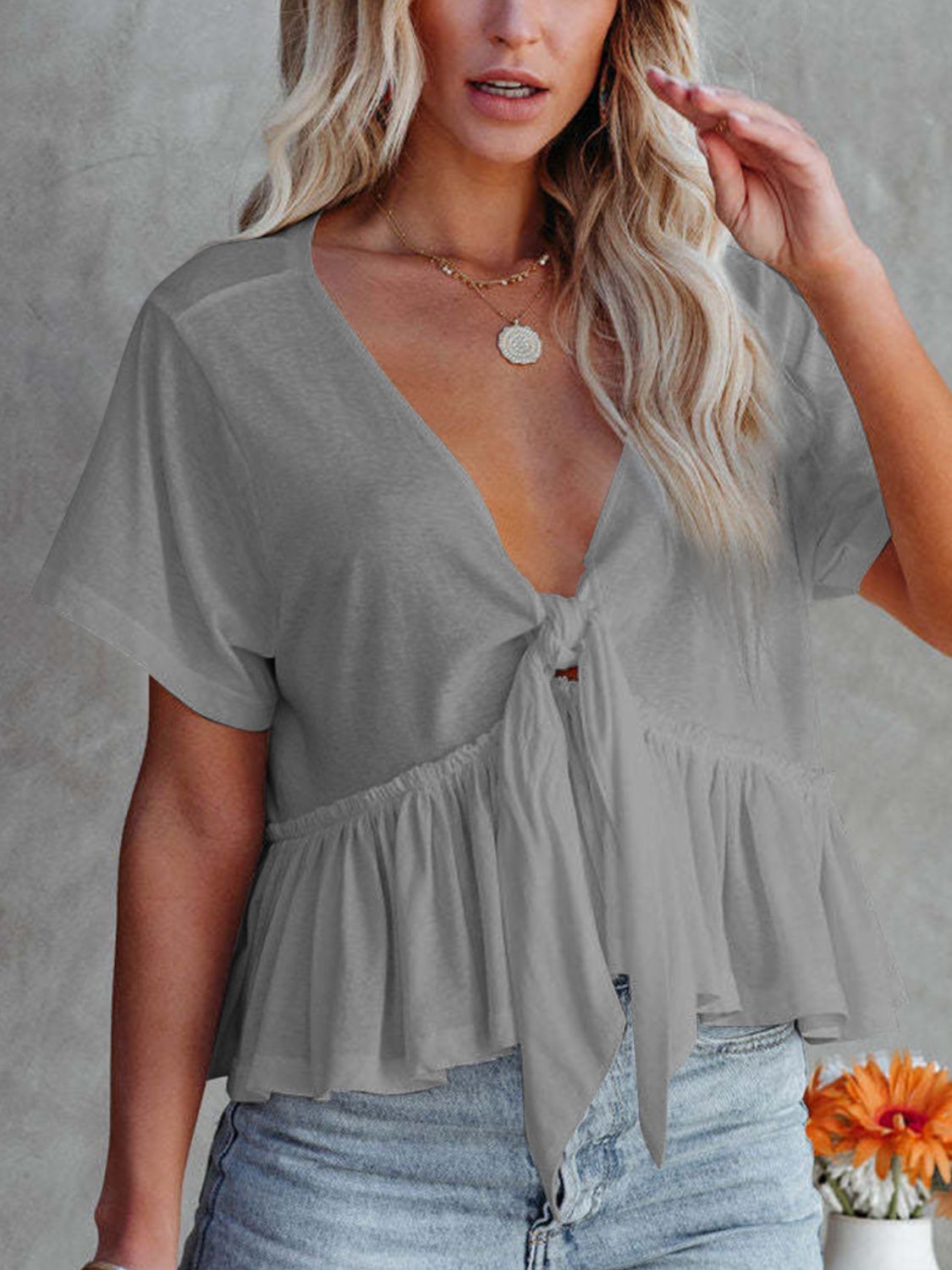 Tied Plunge Short Sleeve Cotton Blouse