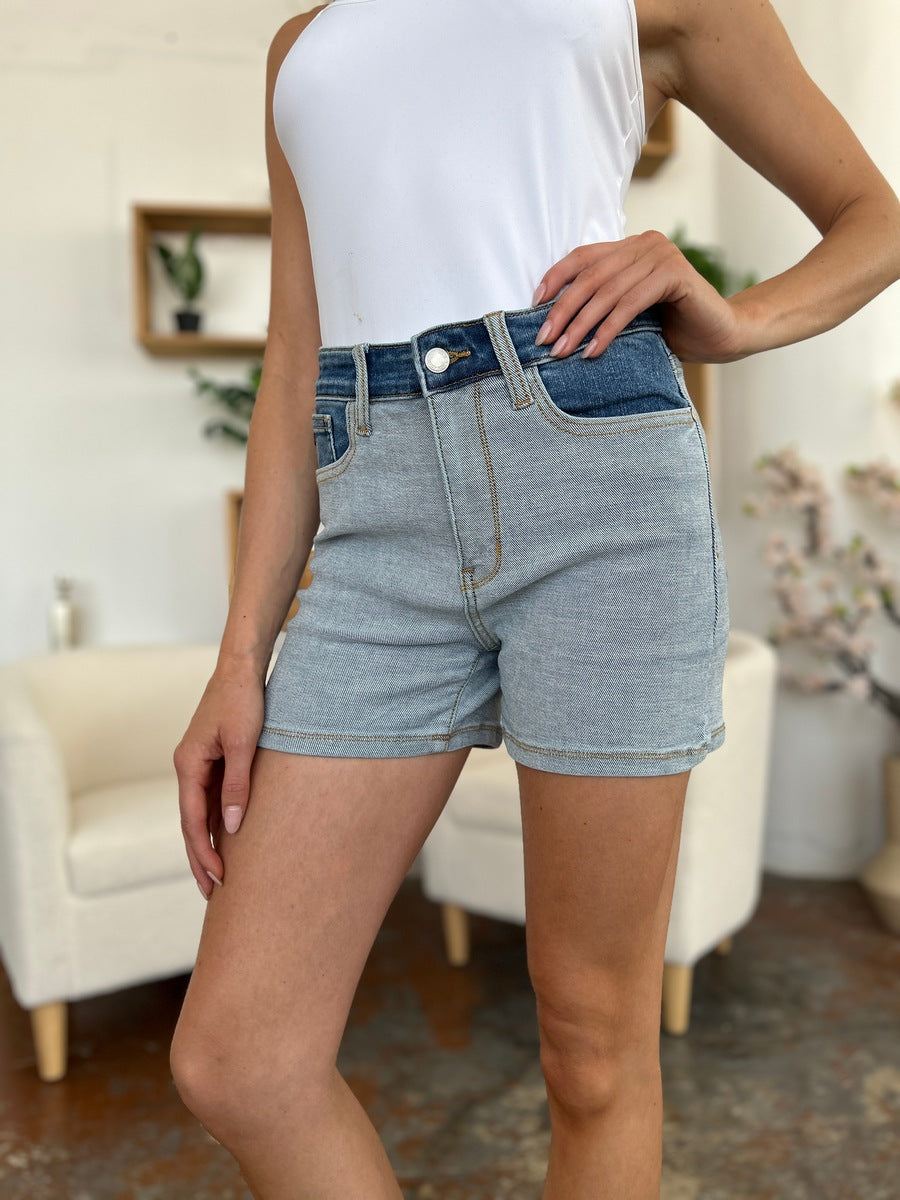 Cotton  Full Size Color Block Denim Shorts