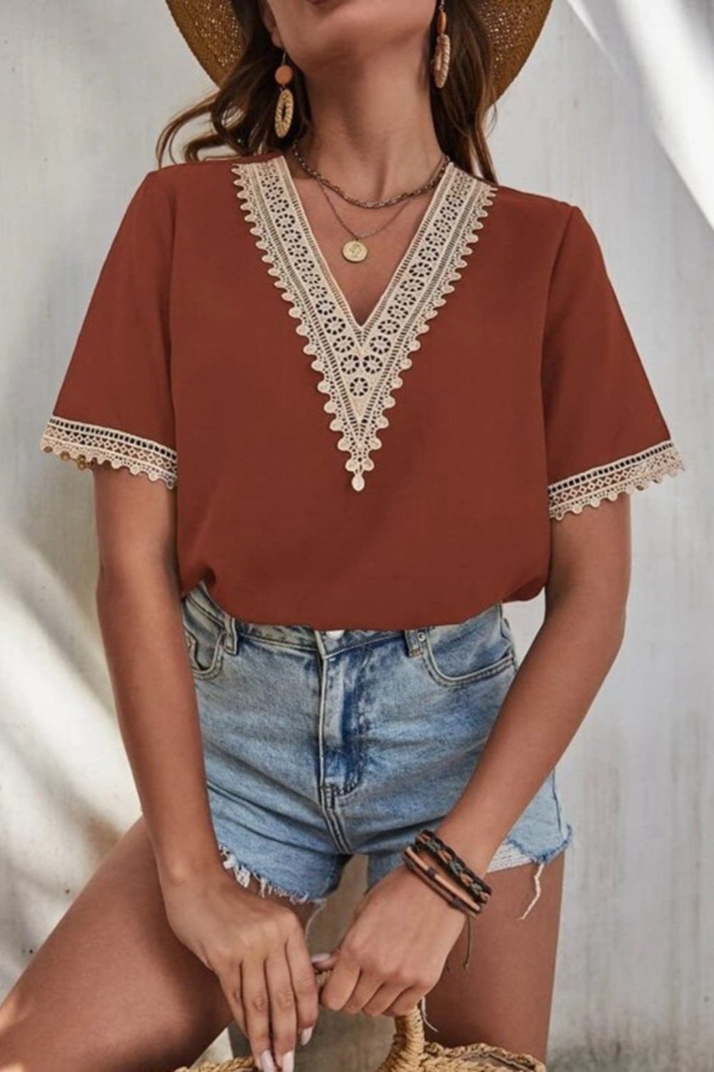 Cotton Lace Detail V-Neck Short Sleeve Blouse