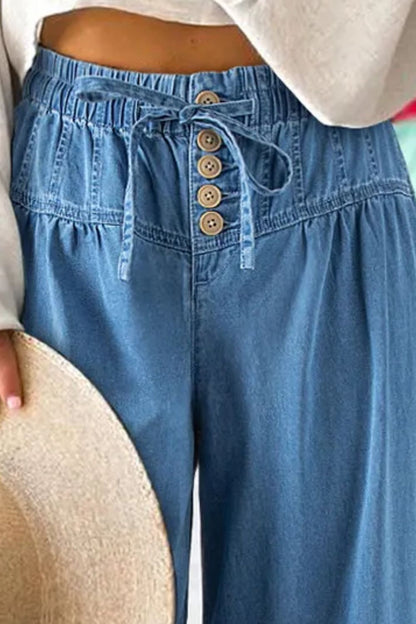 Cotton Elastic Waist Wide Leg Jeans
