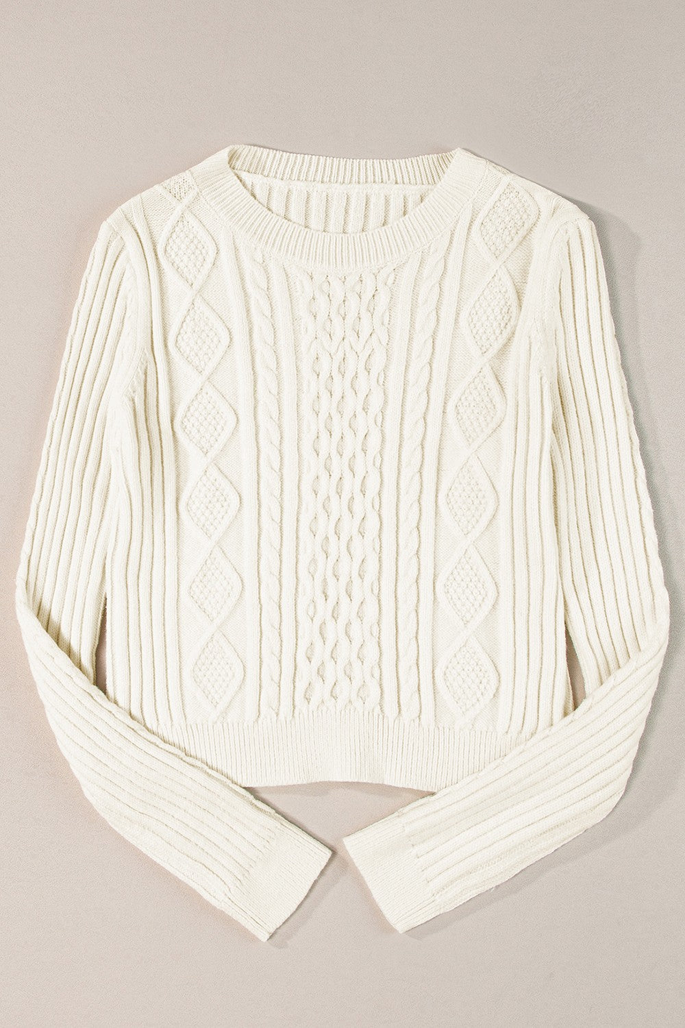 Cotton Cable-Knit Round Neck Long Sleeve Sweater