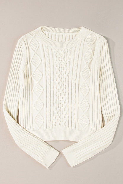 Cotton Cable-Knit Round Neck Long Sleeve Sweater