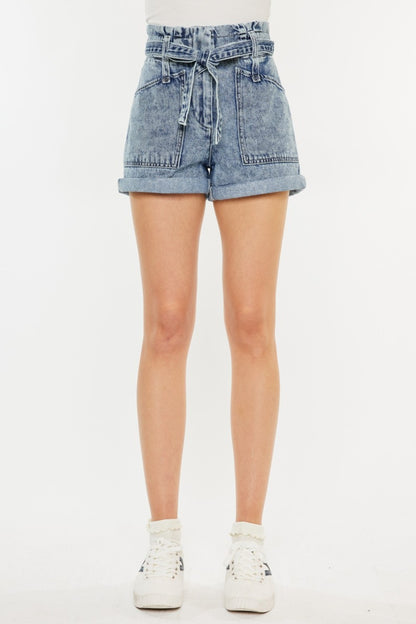 Cotton High Rise Paperbag Denim Shorts