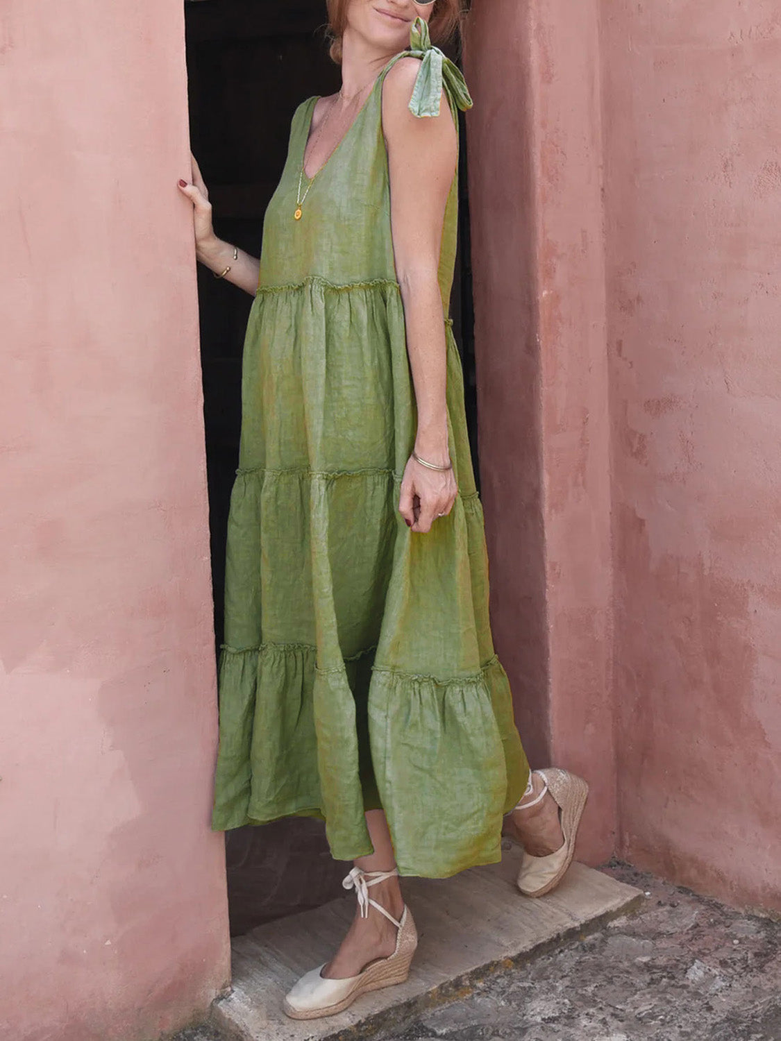 Cotton Tiered Frill V-Neck Sleeveless Dress