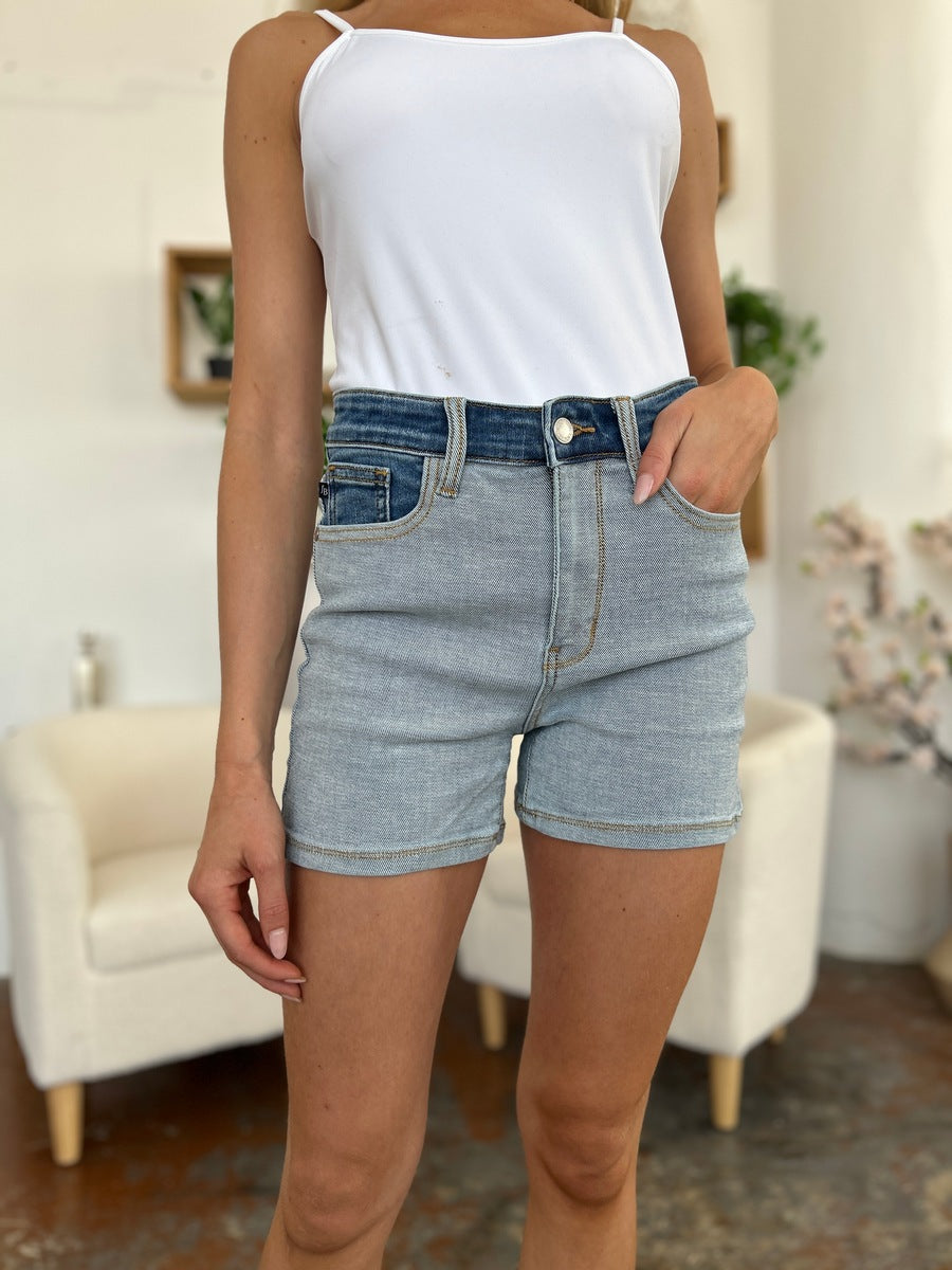 Cotton  Full Size Color Block Denim Shorts