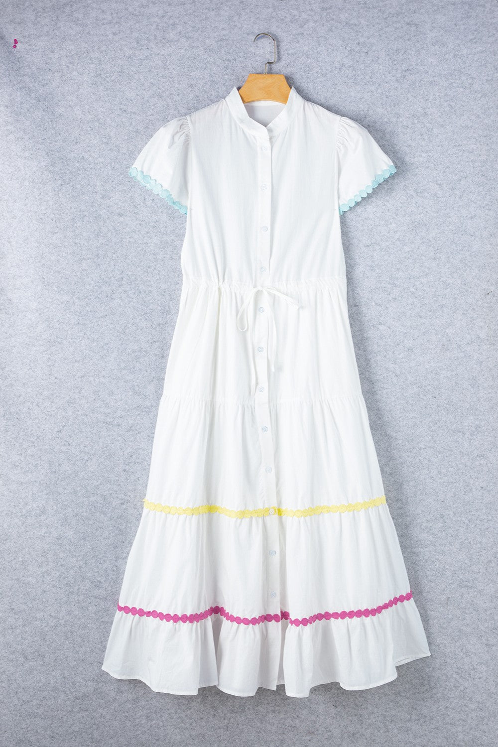Cotton Contrast Trim Button Up Short Sleeve Dress