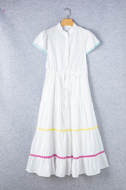 Cotton Contrast Trim Button Up Short Sleeve Dress