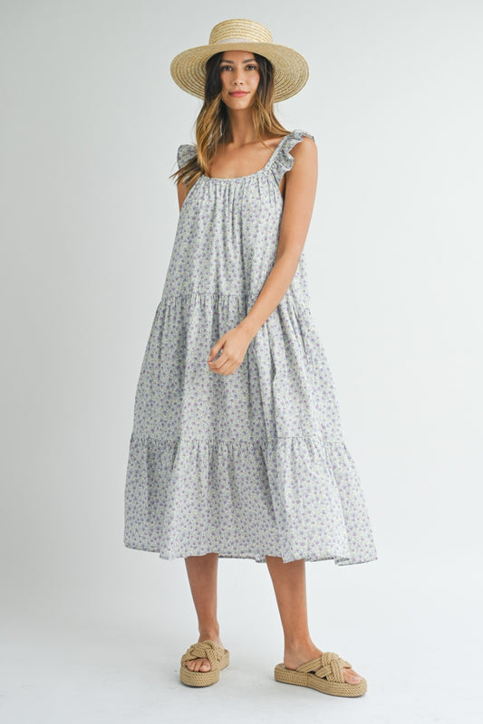 Cotton Floral Ruffle Shoulder Tiered Midi Dress