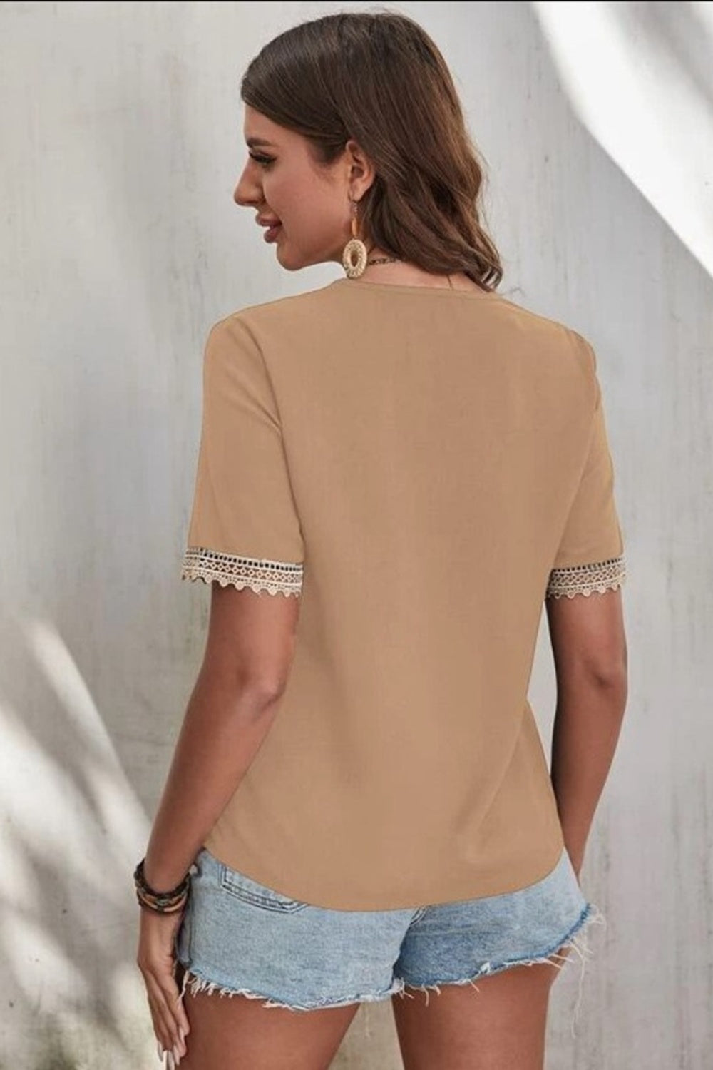 Cotton Lace Detail V-Neck Short Sleeve Blouse