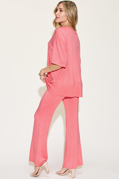 Basic Bamboo Drop Shoulder T-Shirt and Flare Pants Set